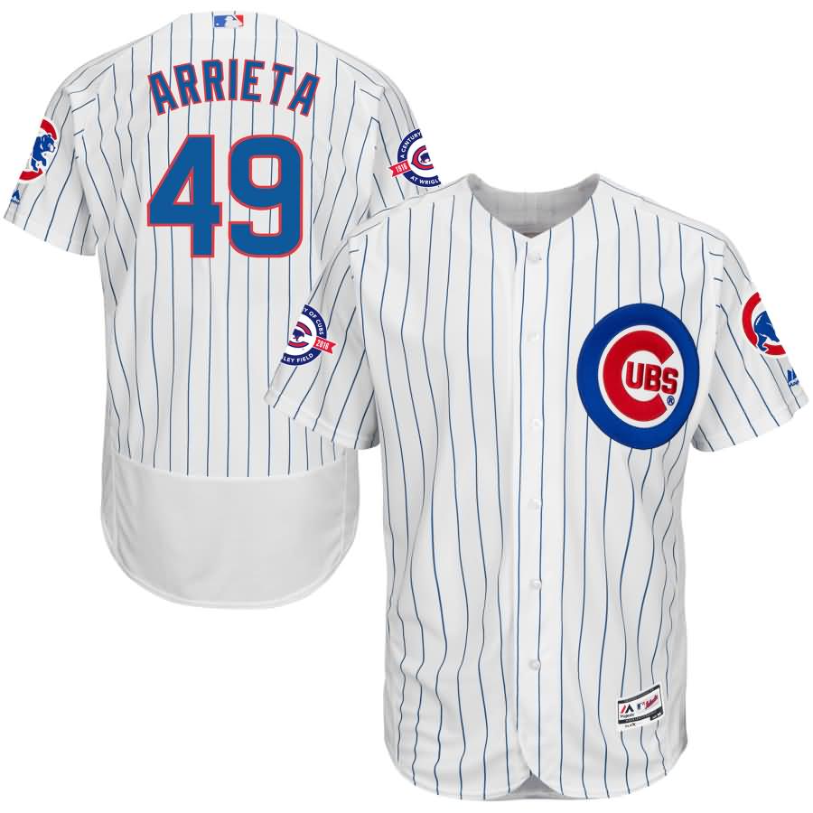 Jake Arrieta Chicago Cubs Majestic Home Flex Base Authentic Collection Jersey with 100 Years at Wrigley Field Commemorative Patch - White/Royal