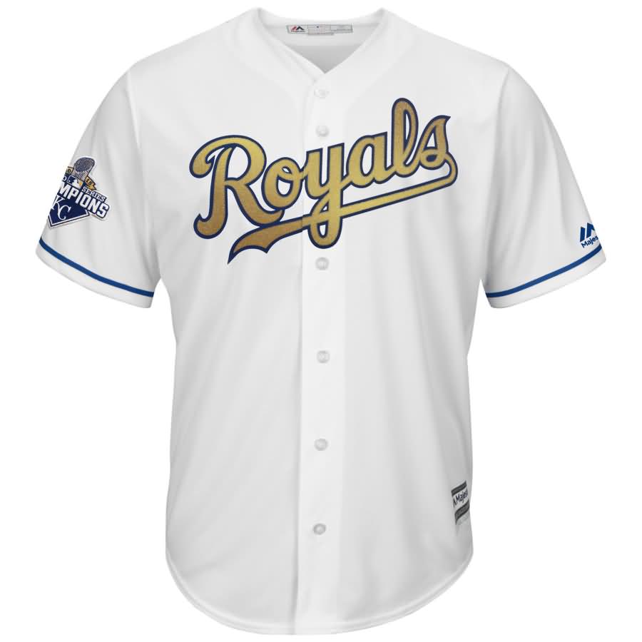 Mike Moustakas Kansas City Royals Majestic 2015 World Series Champions Gold Program Cool Base Player Jersey - White