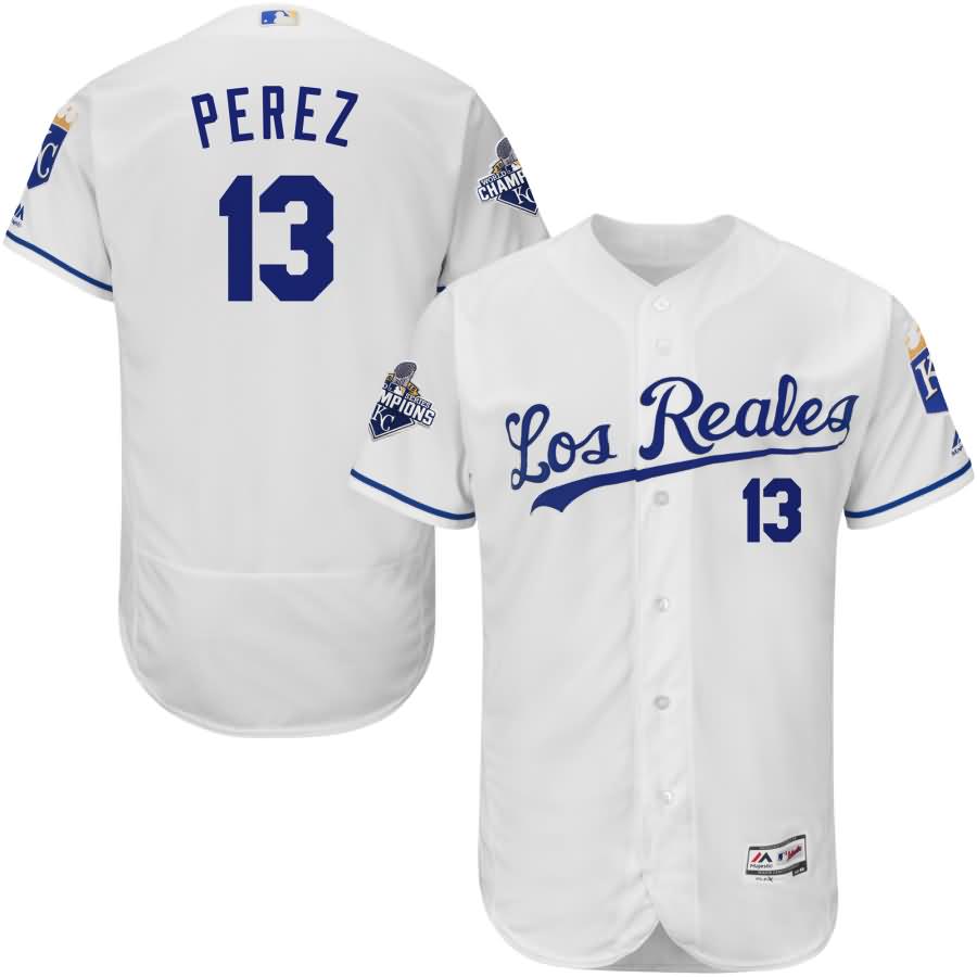 Salvador Perez Kansas City Royals Majestic Alternate Los Reales Flex Base Player Jersey with World Series Commemorative Patch - White