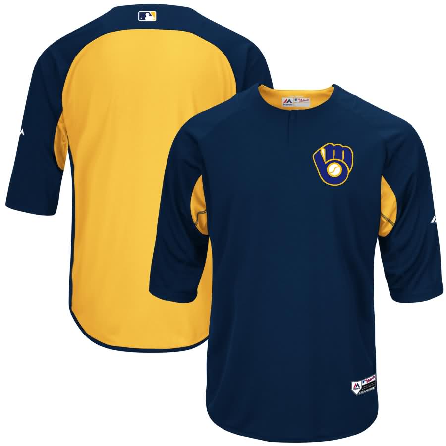 Milwaukee Brewers Majestic Authentic Collection On-Field 3/4-Sleeve Batting Practice Jersey - Navy/Yellow