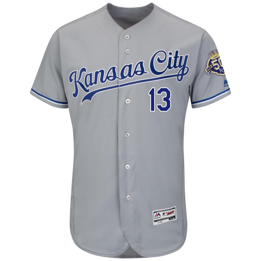 Salvador Perez Kansas City Royals Majestic 50th Season Patch On-Field Flex Base Player Jersey - Gray