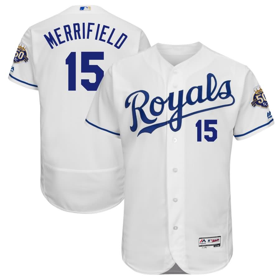 Whit Merrifield Kansas City Royals Majestic 50th Season Patch On-Field Flex Base Player Jersey - White