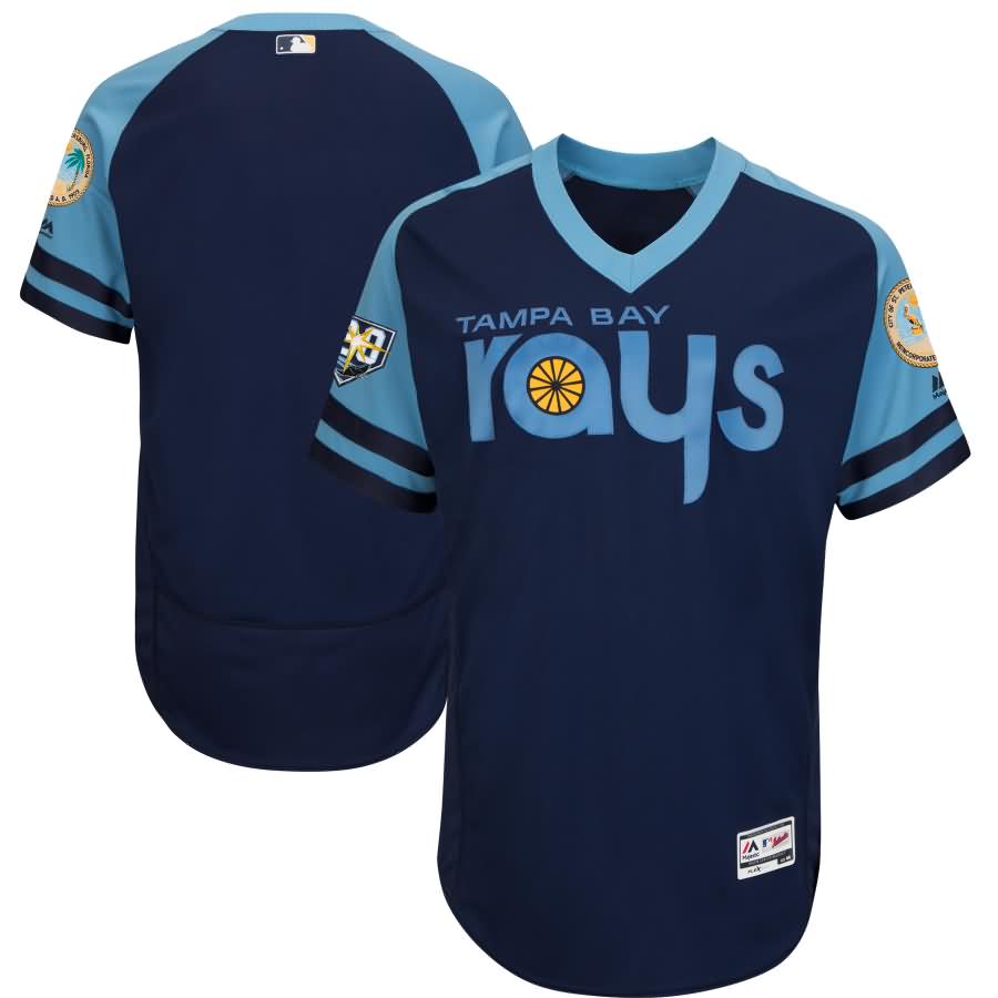 Tampa Bay Rays Majestic 20th Anniversary Alternate On-Field Patch Flex Base Team Jersey - Navy/Light Blue