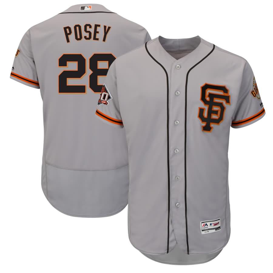 Buster Posey San Francisco Giants Majestic Road Alternate On-Field 60th Season Patch Flex Base Player Jersey - Gray