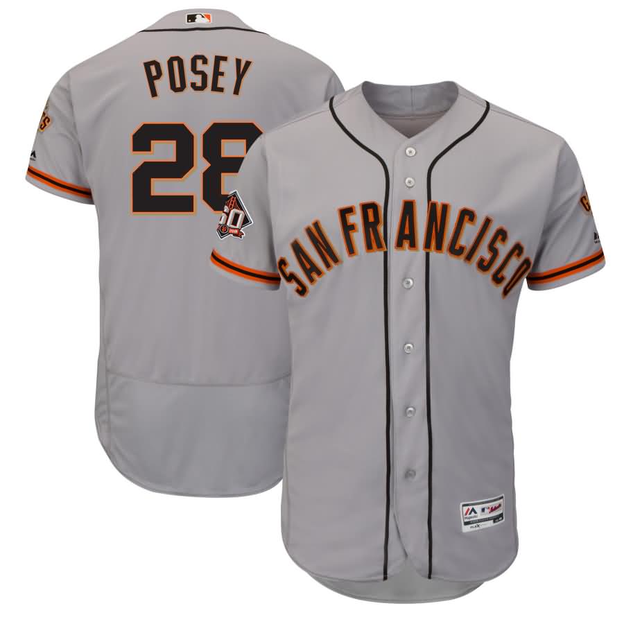 Buster Posey San Francisco Giants Majestic Road On-Field 60th Season Patch Flex Base Player Jersey - Gray