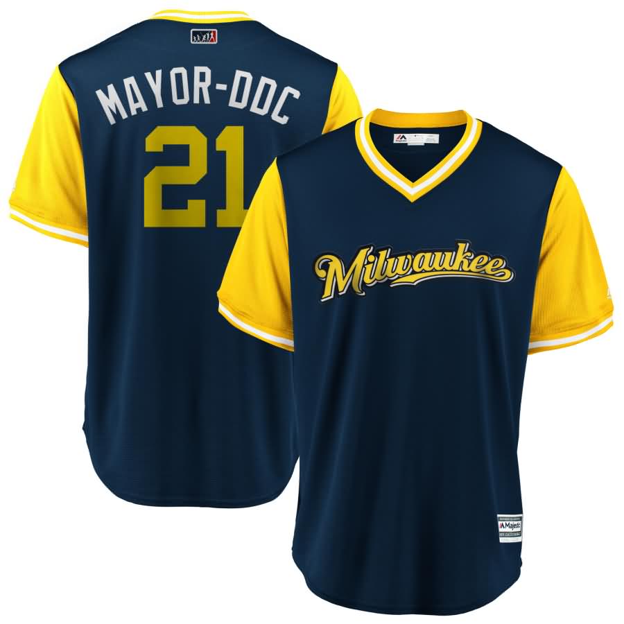 Travis Shaw "Mayor-DDC" Milwaukee Brewers Majestic 2018 Players' Weekend Cool Base Jersey - Navy/Yellow