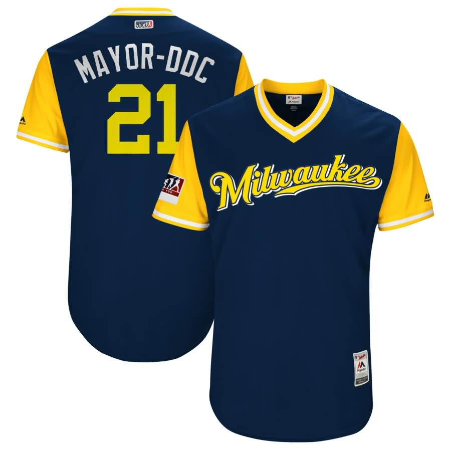 Travis Shaw "Mayor-DDC" Milwaukee Brewers Majestic 2018 Players' Weekend Authentic Jersey - Navy/Yellow